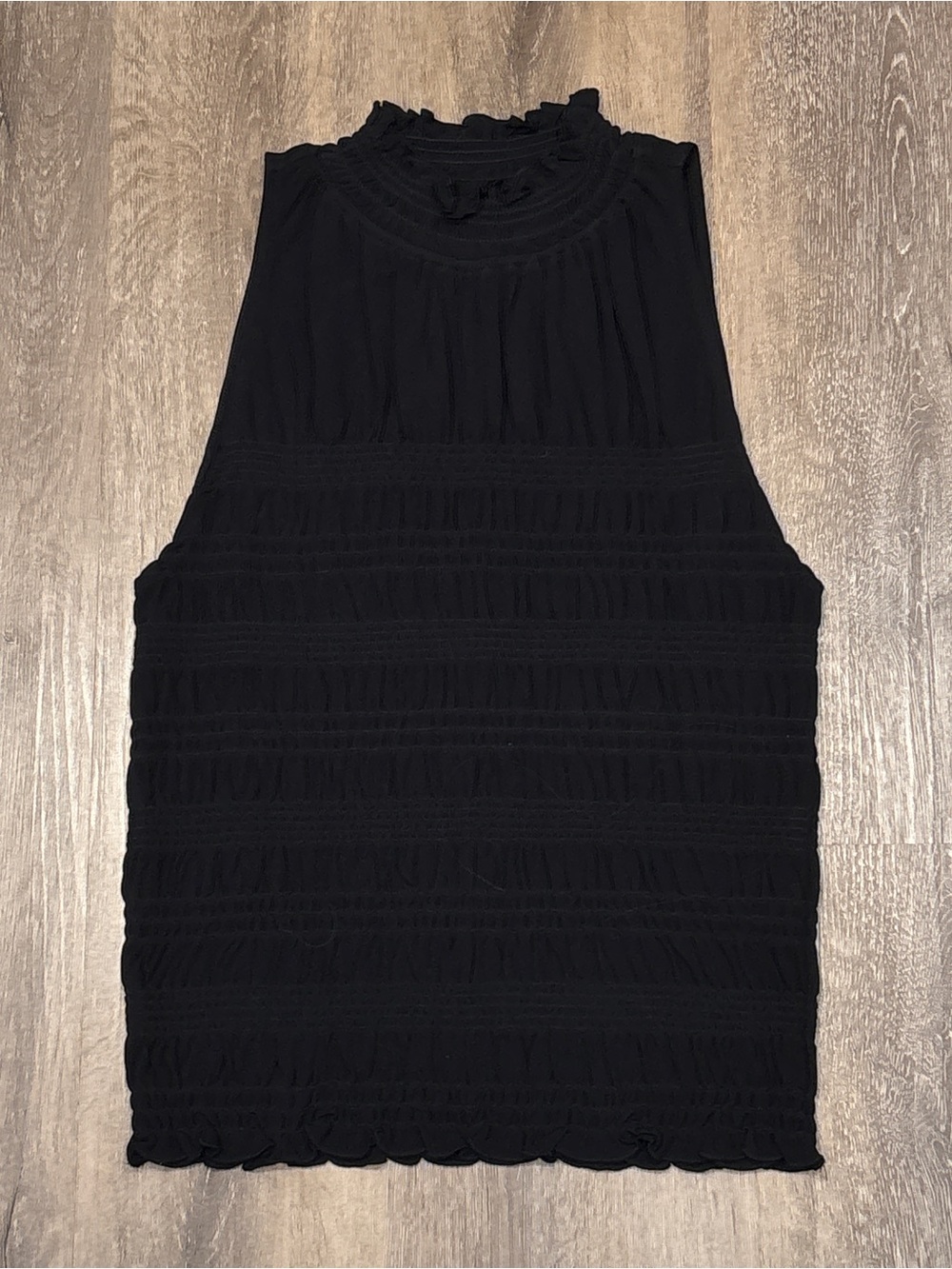 FRAME Smocked Mock Neck Sleeveless Top Ruffle Hem Minimalist Chic L